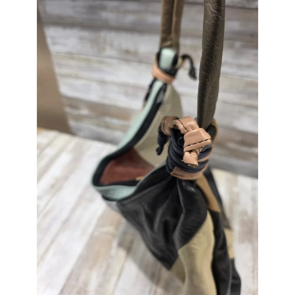 Carroll Leather Goods Patchwork Top Grain Leather Hobo Shoulder Bag Earth‎ Tones